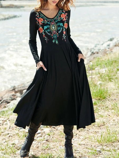 

mestiere pesante ricamato Abito, Nero, Midi Dresses
