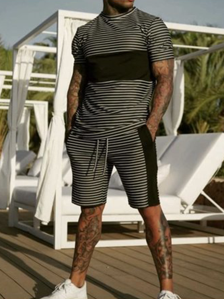 

Casual Striped Short Sleeve Suits, As picture, Men's sets