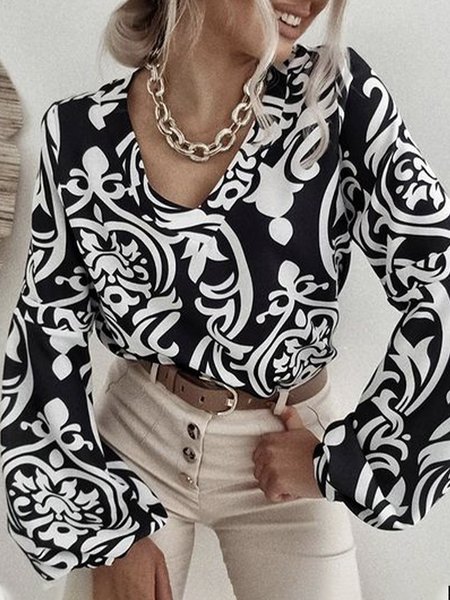 

Paisley Casual V Neck Long Sleeve Tops, Black-white, Tops