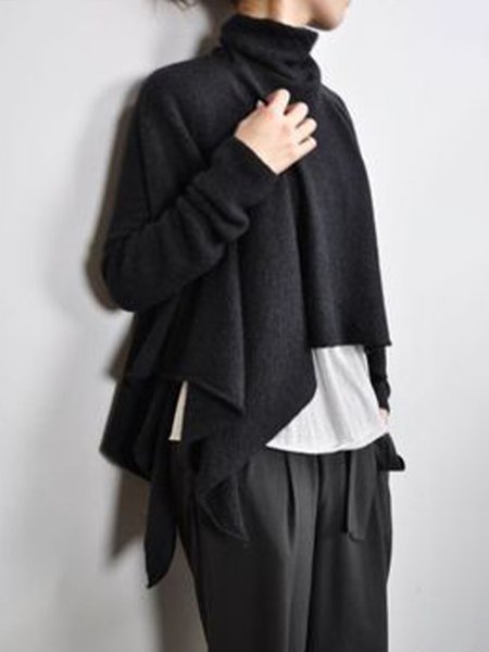 

High Neck Loosen Casual Top, Black, Blouses and Shirts