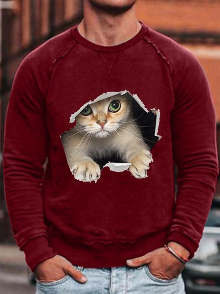 

3D Cat Graphic Long Sleeve Cotton Blends Basics Sweatshirt, Red, Hoodies&Sweatshirts