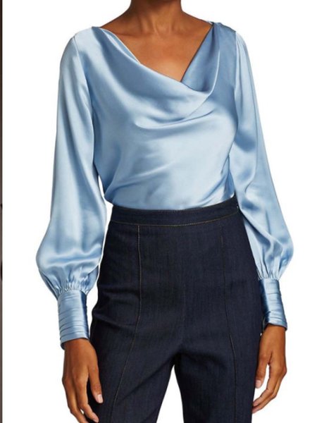 

Elegant Work Satin V Neck Long Sleeve Top, Blue, Blouses and Shirts