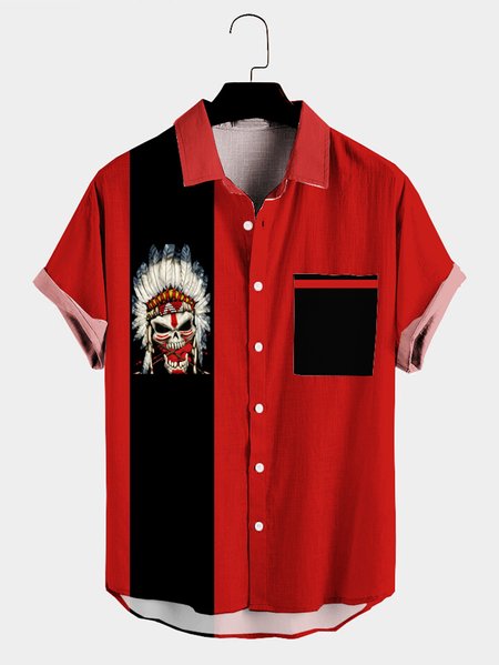 

Mens Viking Blood Skull Print Casual Breathable Chest Pockets Short Sleeve Hawaiian Shirts, Red, Men's Floral shirt