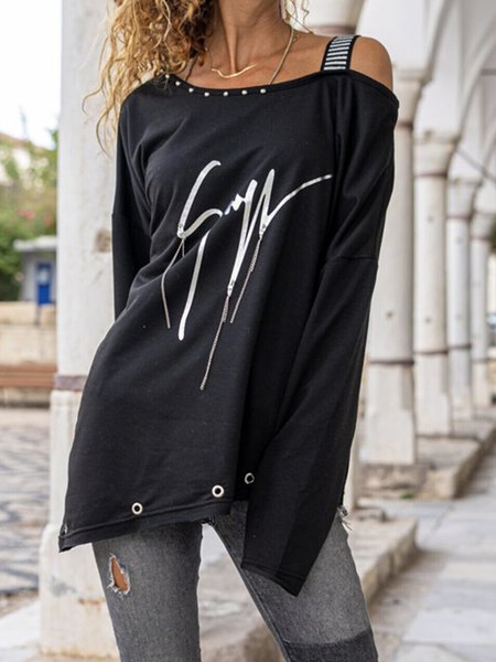 

Off Shoulder Casual Loosen Long Sleeve Tops, Black, Tops