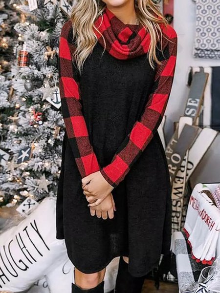 

Grid Cowl Neck Casual Dresses, Black, Casual Dresses