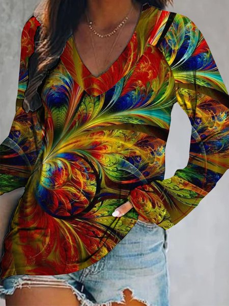 

Casual Long Sleeve V Neck Plus Size Printed Tops T-shirts, Multicolor, T-Shirts