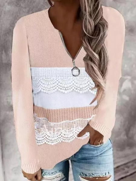 

V-Neckline Color Block Loose Lace Zipper Shift Sweaters, Pink, Sweaters