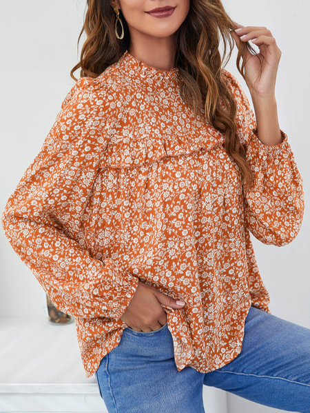

High Neck Floral Regular Fit Elegant Shirts & Tops, Orange, Long sleeve tops