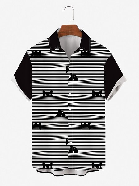 

Mens Stripes Black Cats Print Round Hem Loose Short Sleeve Shirts, Men's Floral shirt