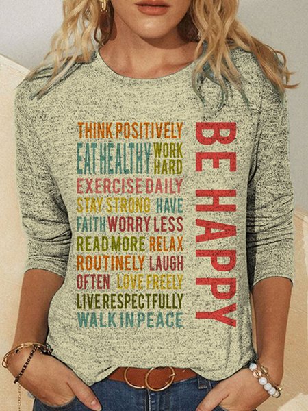 

Letter Print Casual Long Sleeve Tee, Apricot, T-Shirts