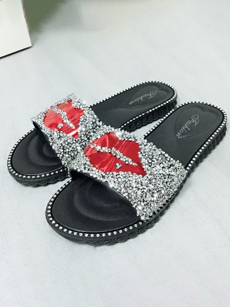 

Valentine's Day Personalized Rhinestone Red Lip Strap Slippers, Silver, Slippers