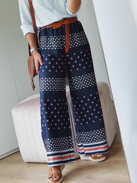 

Vacation Casual Tribal Elastic Waist Loosen Trousers, Navy blue, Pants