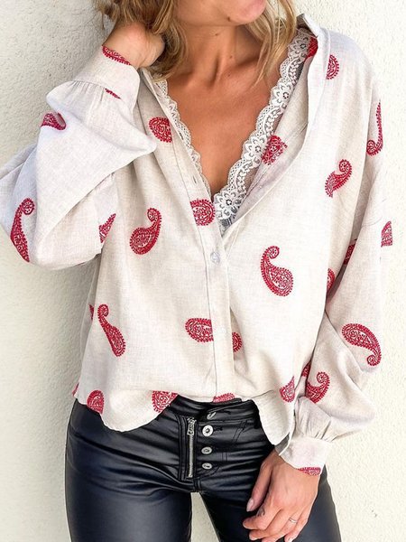 

Simple Patterned Loosen Collar Long Sleeve Blouses, Off white, Blouses & Shirts