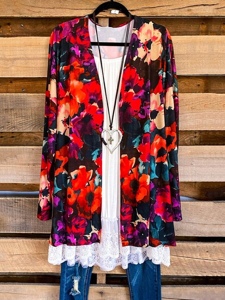 

Casual Floral Long Sleeve Loosen Outerwear, As picture, Outerwear