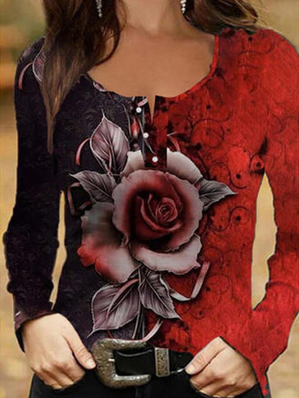 

Regular Fit Casual Floral Tops, Red, Long sleeve tops