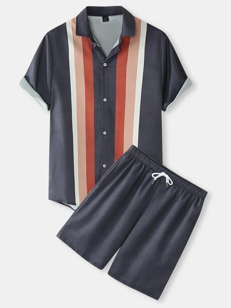 

Stripe Color Matching Billiard Ball Unlined Upper Garment Of Hawaiian Shirt Suits, As picture, Men's sets