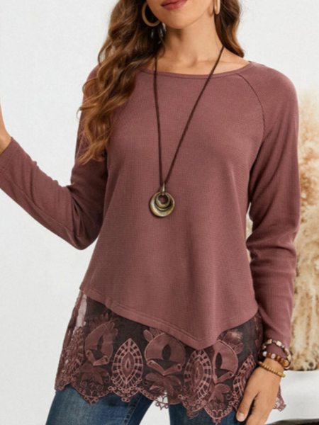 

Casual Crew Neck Lace Plain Shirts & Tops, Coral, Tops