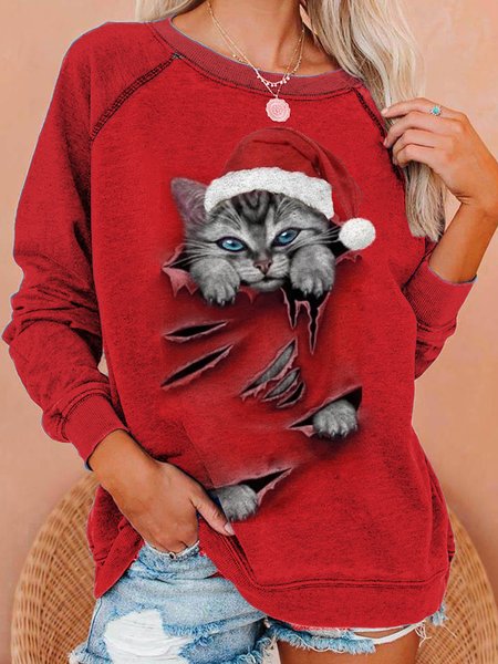 

Christmas Cat Santa Casual Sweatshirt, Red, Hoodies&Sweatshirts