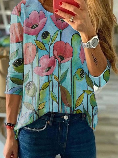 

Casual Long Sleeve Crew Neck Printed Tops, Blue, Tops