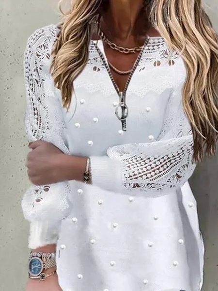 

V Neck Solid Vintage Shirts & Tops, White, Blouses & Shirts
