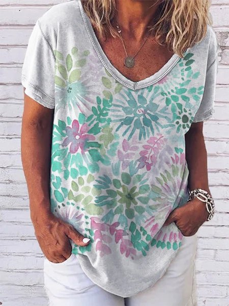

Floral Print V Neck Short Sleeve Casual T-Shirt, White, T-Shirts