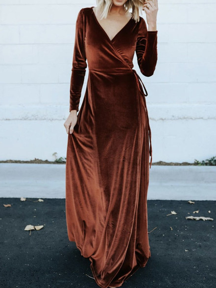 

V Neck Lace-Up Dresses, Coffee, Casual Dresses