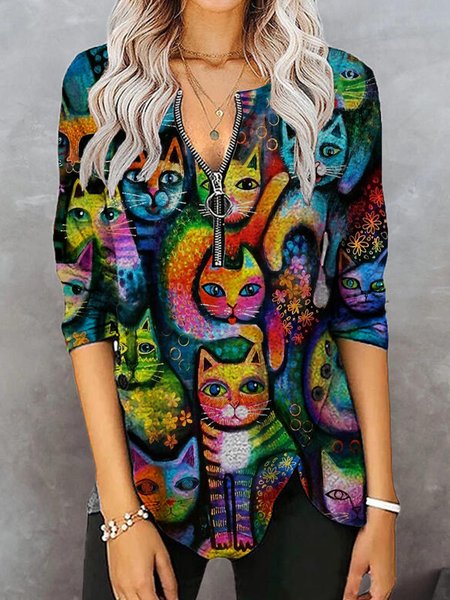 

Casual Cat Long Sleeve Plus Size Printed Zipper Tops, Multicolor, T-Shirts