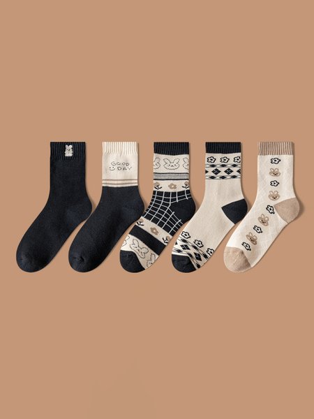 Retro Simple Rabbit Cotton Thermal Socks 5 Piece Set, As picture, Socks