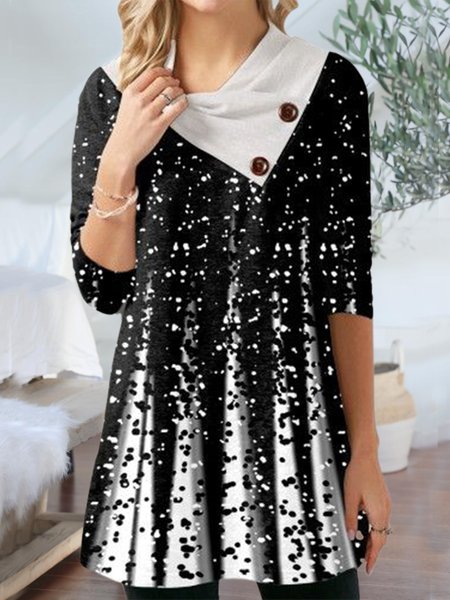 

Plus Size Cowl Neck Casual Shirts & Tops（accessory not included）, Black-white, Long sleeve tops