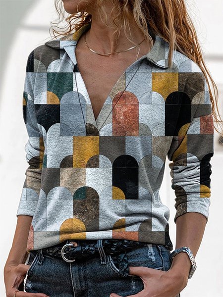 

Long Sleeve V Neck Geometric Casual Shirts & Tops, Multicolor, T-Shirts