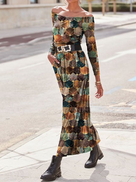 

Maxi vestiti a maniche lunghe con spalle scoperte color block Boho, Come immagine, Maxi Dresses