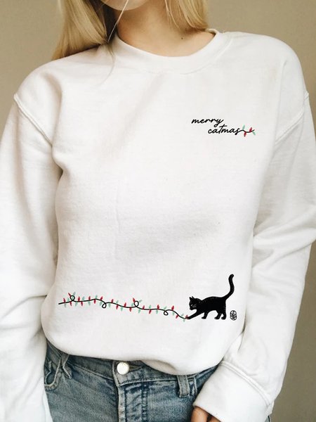 

Loosen Scoop Neckline Animal cat Sweatshirt, White, Hoodies & Sweatshirts