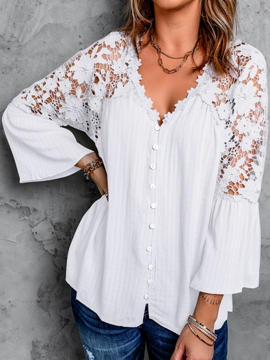

Cotton Blends Plain Casual Lace Shirts & Tops, White, Shirts & Blouses