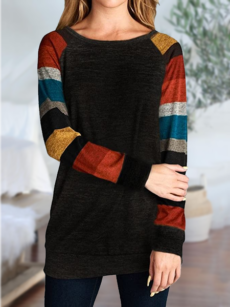 

Striped Regular Fit Crew Neck Casual Shirts & Tops, Black, Long sleeve tops