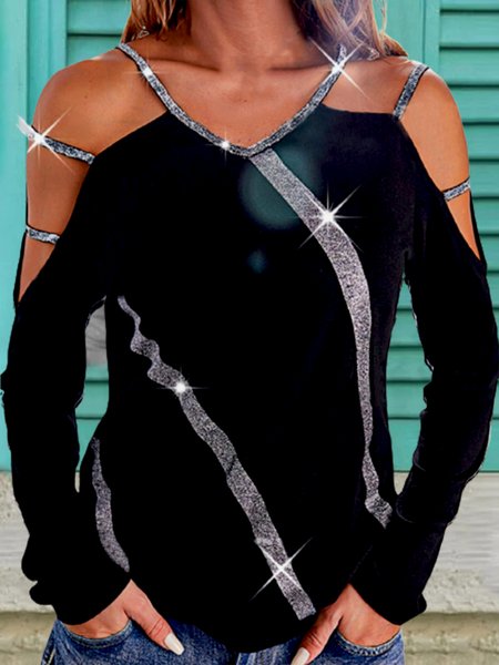 

Casual Long Sleeve V Neck Plus Size Tops, Black, Tops