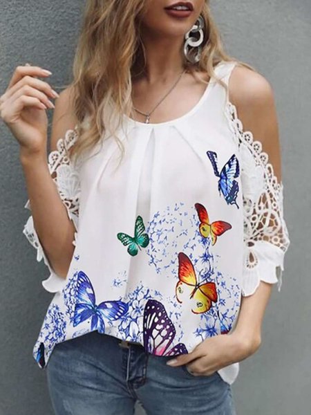 

Crew Neck Loosen Butterfly Tops, White, Tops