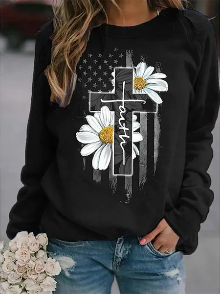 

Flower Print Casual Crew Neck Long Sleeve Sweatshirts, Black, Hoodies & Sweatshirts