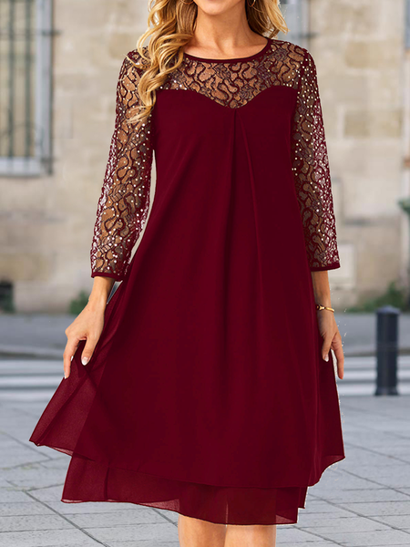 

Plain no pattern crew neck 7 / 4 Sleeve Chiffon stitched lace a hem elegant holiday dress, Red, Mini Dresses