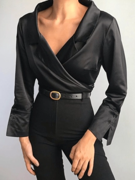 

Spring Satin Plain Lapel Work Formal Mid-weight Non-Stretch Tops, Black, Blouses and Shirts