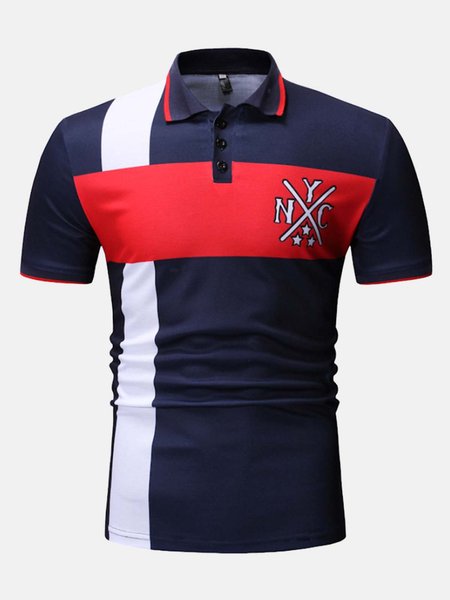 

Simple Text Contrast Casual Short Sleeve Polo Shirts, Navyblue, Men's t-shirts