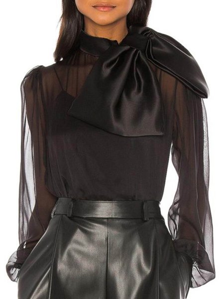 

Bow Long sleeve Stand Collar Top, Black, Blouses and Shirts
