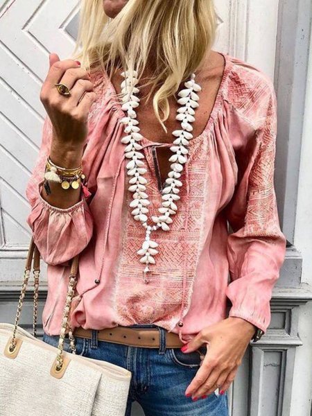 

Crew Neck Boho Shirts & Tops, Orange pink, Blouses & Shirts