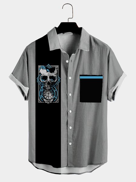 

Mens Viking Blood Skull Print Casual Breathable Short Sleeve Hawaiian Shirts, Gray, Men's Floral shirt
