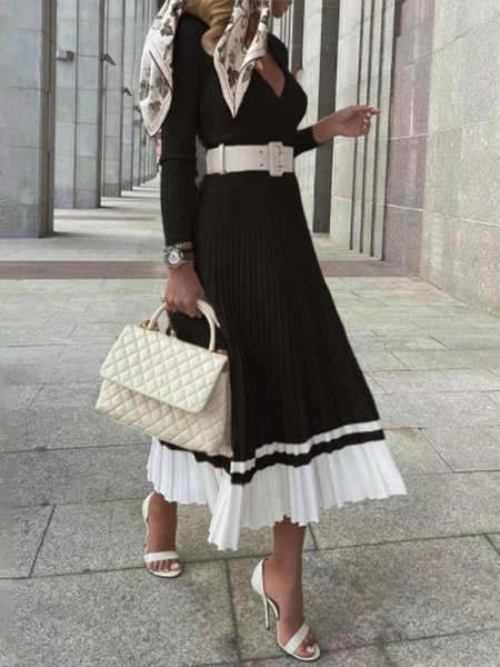 

Long Sleeve Regular Fit Elegant Midi Dress, Black, Midi Skirts