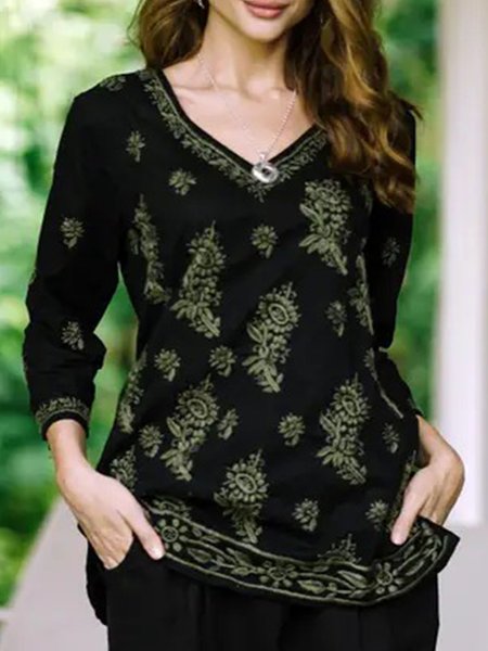 

3/4 Sleeve Floral Printed V Neck Plus Size Casual Tops, Black, T-Shirts