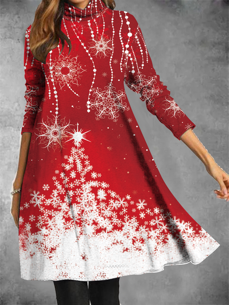 

Long sleeve high neck pile neck loose geometric gradient snow mountain print knitted elastic loose dress for women, Red, Casual Dresses