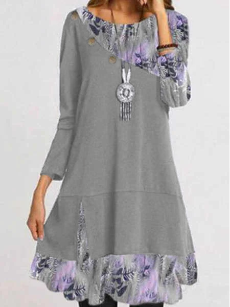 

Cotton Blends Crew Neck Floral Dresses, Gray, Floral Dresses