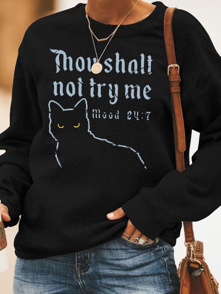 

Fun cat print round neck long-sleeved Sweatshirts, Black, Hoodies&Sweatshirts