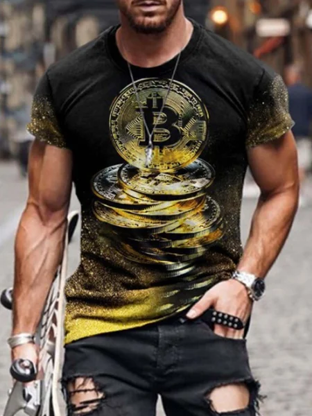 

Bitcoin Casual Digital Printing Men's Short-Sleeved T-shirt, Black, Men's t-shirts
