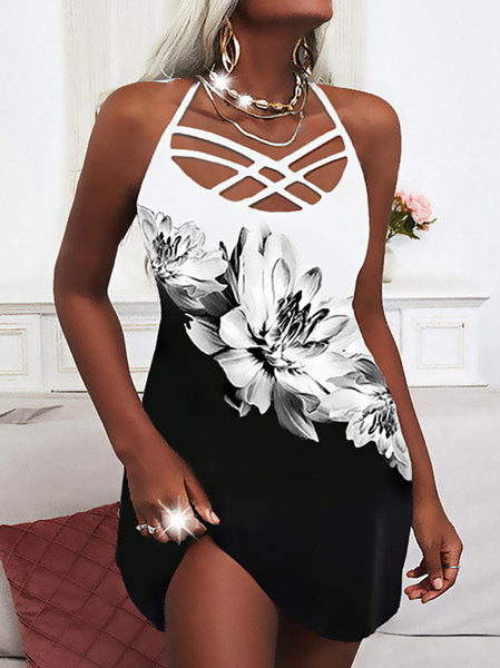 

Loosen Cross Front Floral Weaving Dress, White, Mini Dresses